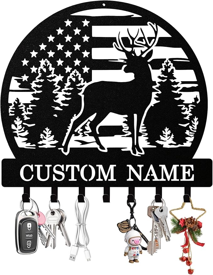 Personalized Deer Key Holder Wall Mount, Custom Metal Keys Hanger for Wall with Name, Custom Key Rack Holder with Hooks for Home, Entryway, Front Door, Living Room, Kitchen, Bathroom