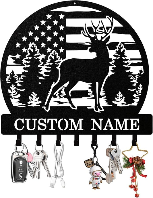 Personalized Deer Key Holder Wall Mount, Custom Metal Keys Hanger for Wall with Name, Custom Key Rack Holder with Hooks for Home, Entryway, Front Door, Living Room, Kitchen, Bathroom