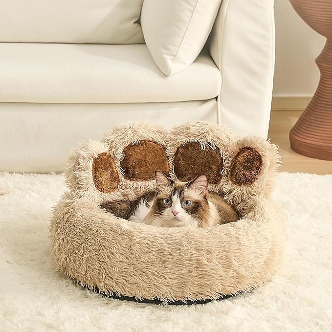 Jiupety Paw Shape Calming Pet Bed, Plush Faux Fur Donut Bed for Dogs & Cats, Machine Washable, Non-Slip Bottom, Medium (22"×22"×6"), Camel