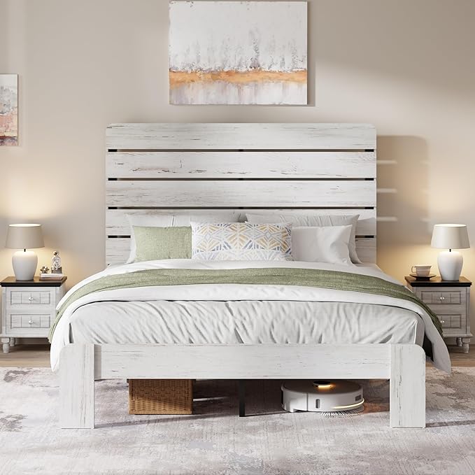 Queen Size Bed Frame with Wooden Headboard and Footboard, Rustic Platform Bedframe, Wood Slats Support, No Box Spring Needed, Under Bed Storage, Easy Assembly, White
