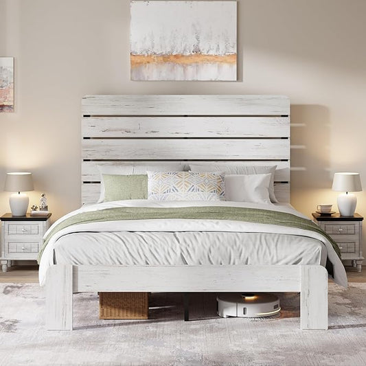 Queen Size Bed Frame with Wooden Headboard and Footboard, Rustic Platform Bedframe, Wood Slats Support, No Box Spring Needed, Under Bed Storage, Easy Assembly, White