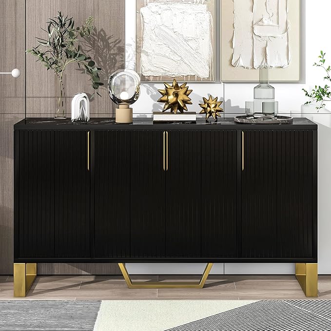 Modern 60'' Large Storage Cabinet Sideboard, Wooden Console Table Kitchen Buffet Cabinet with Metal Handles & Legs and Adjustable Shelves for Living Room Kitchen Entryway (Black-1)