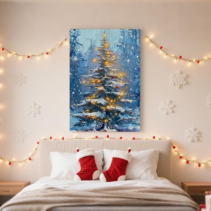 Framed Christmas Pictures Wall Decor,Vintage Pine Tree Prints,Winter Christmas Canvas Wall Art Decoration for Bedroom Bathroom Living Room Rustic Xmas Holiday Gifts (Christmas Tree 1, 20'' X 32'')
