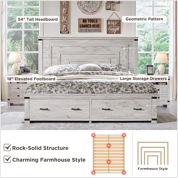RedLemon Farmhouse Queen Size Bed Frame w/ 54" Tall Geometric Headboard, Rustic Wood Platform Bed w/ 2 Large Storage Drawers, Wood Slats Support, Noise Free, No Box Spring Needed, Antique Brush White