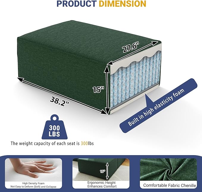 38“ Modular Sectional Sofa Convertible Cube Compressed Couch Seat Set, Combine L-Shaped U-Shaped, Free Assembly, Space-Saving for Living Room, Thick Foam Fabric Chenille Green (Only Ottoman)