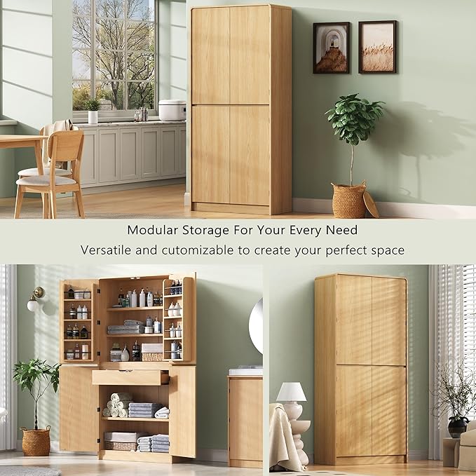 Merax 72" Tall Farmhouse Kitchen Pantry Cabinet with 8 Door Shelves, Curved Design Storage Cabinet with 3 Adjustable Shelves, Hidden Drawer, Versatile Cupboard for Kitchen, Dining & Bathroom, Natural