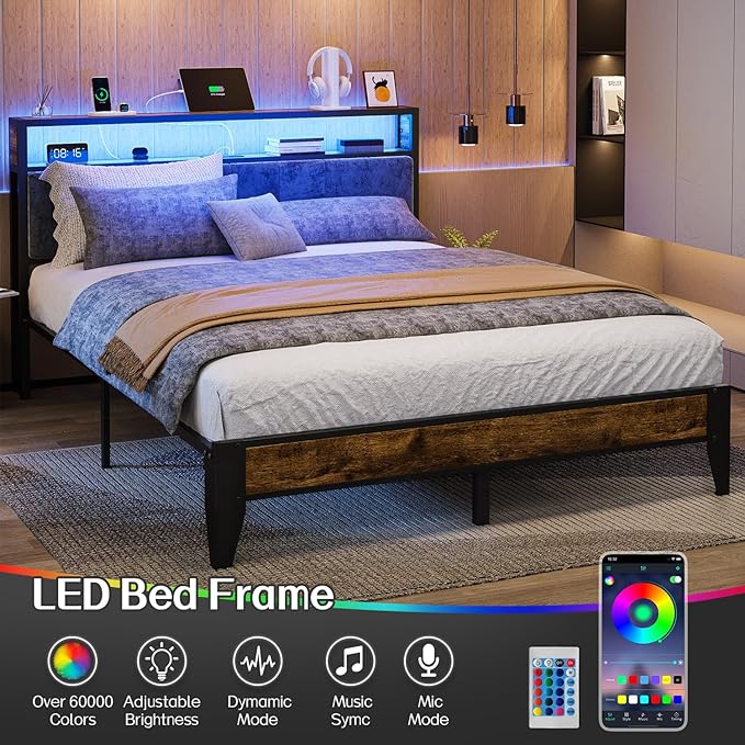 OLEVS Queen Bed Frame Metal Platform Bed Queen Size with 2-Tier Storage & LED Light Headboard, Charging Station Type C, No Box Spring Needed