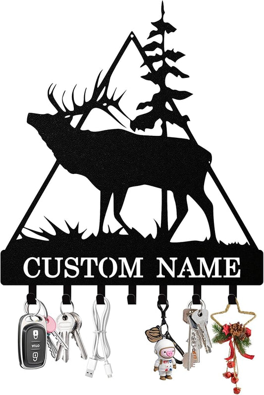 Personalized Deer Key Holder Wall Mount, Custom Metal Keys Hanger for Wall with Name, Custom Key Rack Holder with Hooks for Entryway, Front Door, Hallway, Living Room, Kitchen