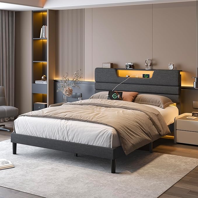 Queen Size Bed Frames with Upholstered Headboard, Modern Platform Bed with Charging Station and Led Lights, Bed Frame with Sturdy Wooden Slats/No Box Spring Needed/2-Tier Storage, Grey