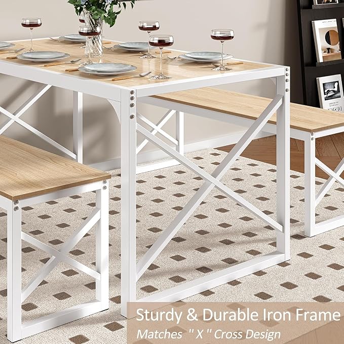 VECELO Kitchen Dining Table Benches Set for 4, 55" Wooden Dinette with 2 Benches, Heavy-Duty Dining Room Table for Small Space, Breakfast Nook, Natural Oak