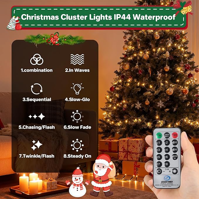 Christmas Cluster Lights Plug-in -52FT 800 LED Firecrackers String Lights,8 Modes Timer Waterproof Twinkle Fairy Lights for Christmas Tree Garland Party(Warm White)