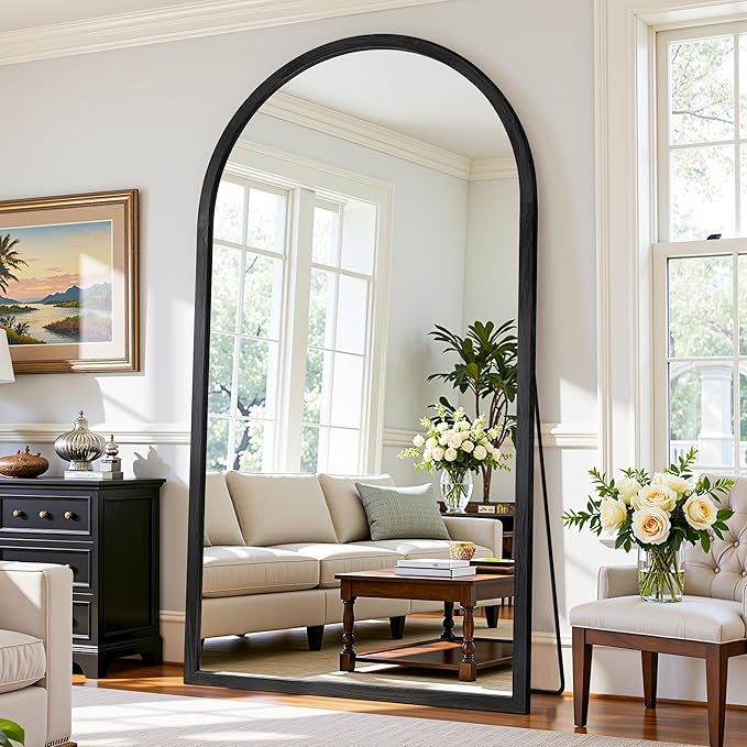 Full Length Mirror 76"×41" Floor Mirror Standing Tall Mirror, Arched Stand up Large Wall Mirrors, Freestanding Full Body Mirrors for Bedroom Living Room Wood Antique Style Black
