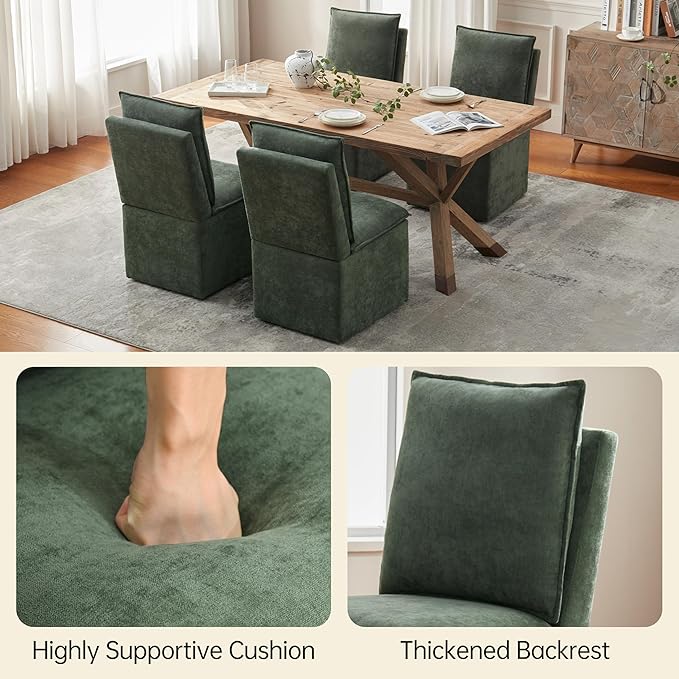 VKNOW Upholstered Dining Chairs Set of 4, Modern Rolling Chairs with Storage and Wheels, Linen Armless Chair with Cushion and Backrest, Dining Room Chairs for Living Room Kitchen Bedroom, Green