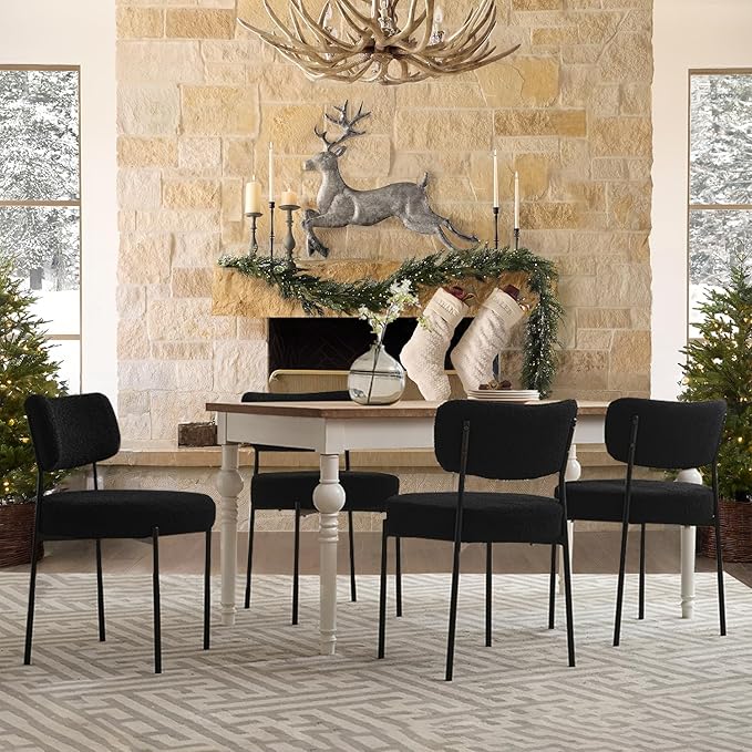 Black Boucle Dining Chairs Set of 4, Upholstered Dinner Chair with Metal Frame, Dining Room Chairs with Padded Seat, Round Modern Seating for Living Room