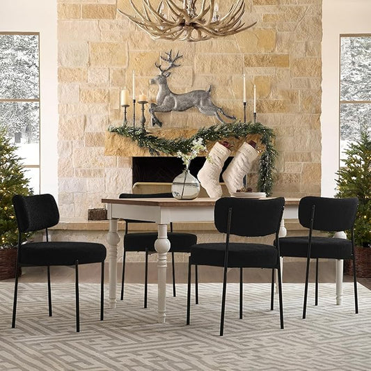 Black Boucle Dining Chairs Set of 4, Upholstered Dinner Chair with Metal Frame, Dining Room Chairs with Padded Seat, Round Modern Seating for Living Room