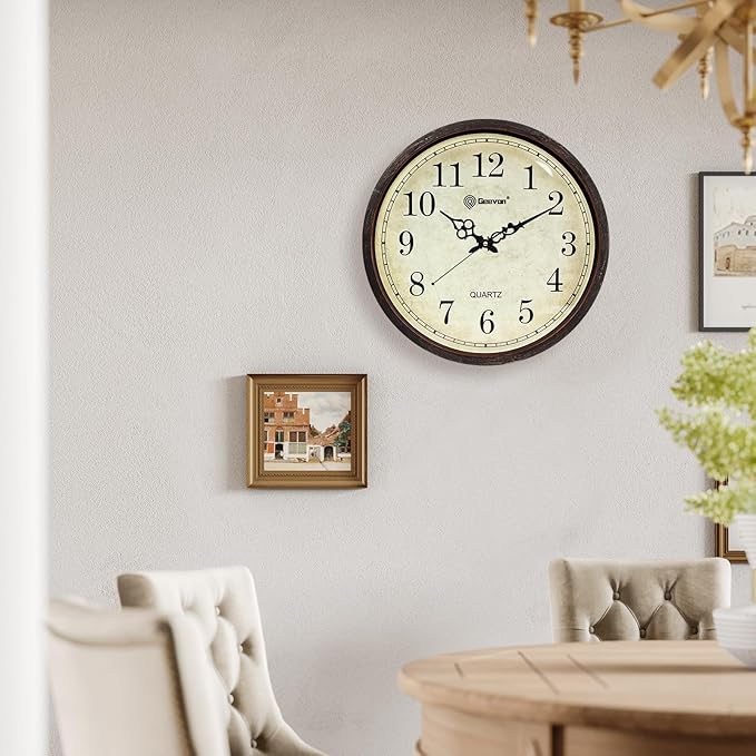 Geevon Vintage Wall Clock, Silent 16" Non Ticking Retro Round Clock Quartz Decorative Battery Operated Wall Clock for Kitchen,Office,Classroom,Bedroom,Living Room Decor