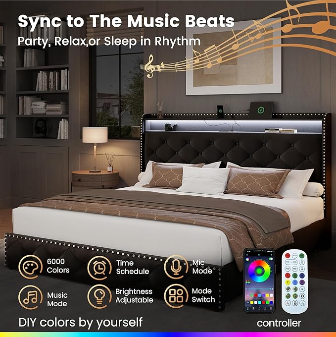 LARMACE Queen Size Bed Frame with Storage & LED Lights & USB Type-C Charging Station,Velvet Upholstered Platform Bed with Headboard and 4 Drawers, No Box Spring Needed, Easy Assembly, Black