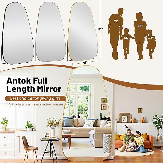 Antok Full Length Mirror, 81"x41" Floor Mirror with Stand,Standing Hanging Leaning Irregular Mirrors for Bedroom Living Room Entryway,Tear Drop Style,Golden