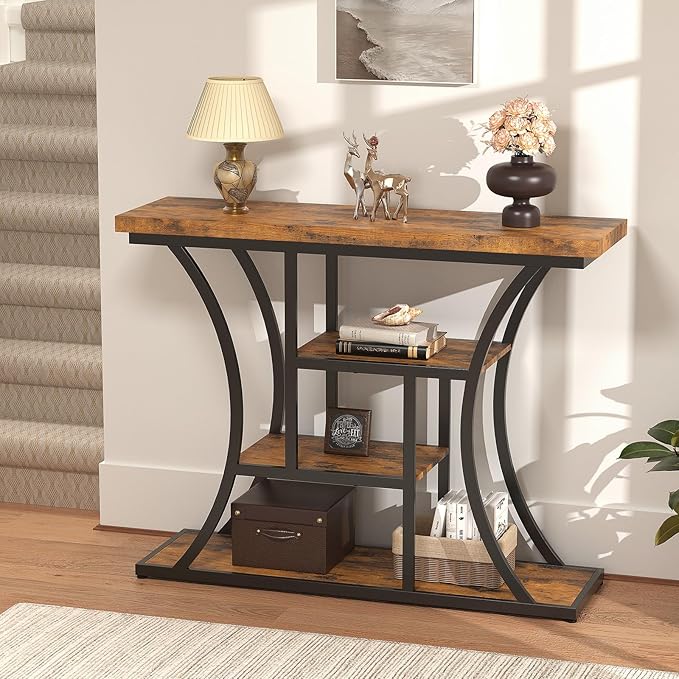 41.3'' Industrial Sofa Table with 4 Tier Storage Shelves, Narrow Long Console Table Entryway Table with Curved Metal Frame, Rustic Wood Accent Table for Hallway, Foyer, Rustic Brown