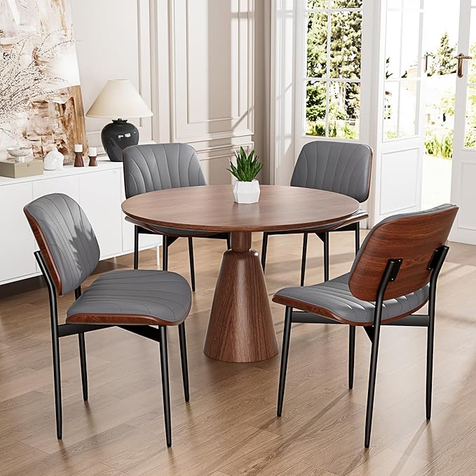 Dining Chairs Set of 8, Dining Room and Kitchen Chairs, Mid Century Modern Accent Chair, Upholstered PU Leather Chairs for Vanity with Walnut Bentwood and Metal Legs, Gray