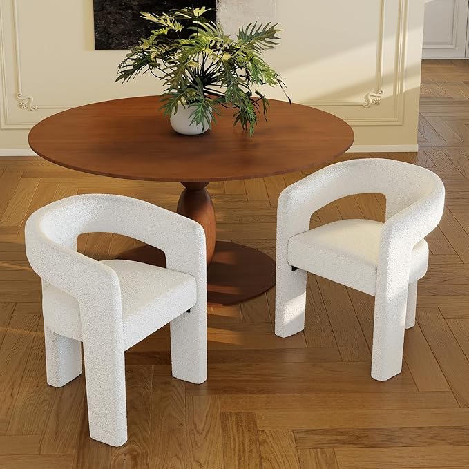 Modern Sherpa Dining Chairs Set of 2, Upholstered Barrel Chairs with Arms Comfy Accent Side Chairs for Living Room/Dining Room/Reception, White