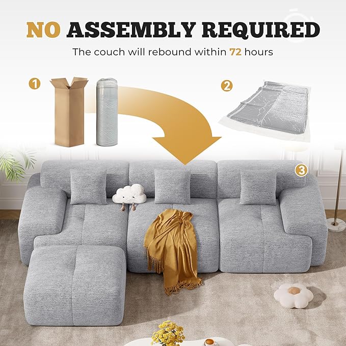 122" Modern Boneless Couches for Living Room, Convertible L Shaped Modular Sectional Sofa,4 Seater Cloud Couch Sofa Set, Light Grey 1 PCS