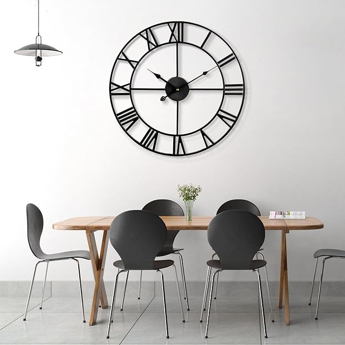 1st owned Large Wall Clock, Metal Retro Roman Numeral Clock, Modern Round Silent Wall Clocks, Easy to Read for Living Room/Home/Kitchen/Bedroom/Office/School Decor (Black, 32 Inch)