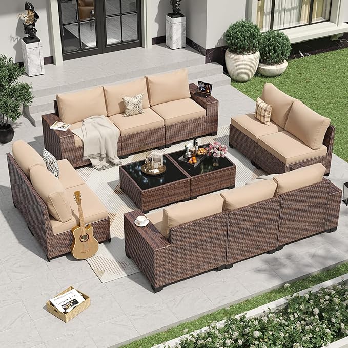 Aoxun 12 Pieces Patio Furniture Set Wicker Rattan Outdoor Sectional Conversation Set with Coffee Table and 4” Thickened Cushions, Beige (Waterproof Cover Included)