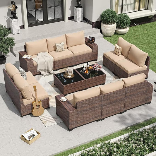 Aoxun 12 Pieces Patio Furniture Set Wicker Rattan Outdoor Sectional Conversation Set with Coffee Table and 4” Thickened Cushions, Beige (Waterproof Cover Included)