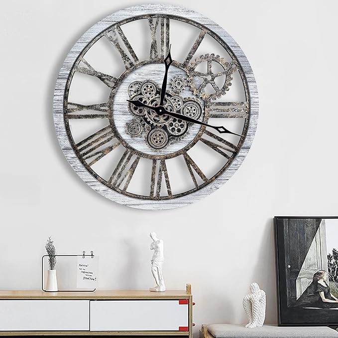 The B-Style Large Wall Clock 24 inch Moving Gear Wall Clock Oversized Vintage Farmhouse Wall Clocks for Living Room Decor Rustic Industrial Wood Clock (Gray White and Bronze Gears, 30 inch/76cm)