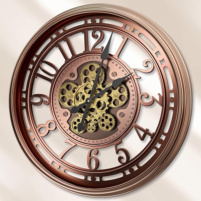21 Inch Moving Gear Wall Clock for Modern Farmhouse Living Room Decor,Large Industrial Steampunk Wall Clock for Home Office,Metal Red Copper