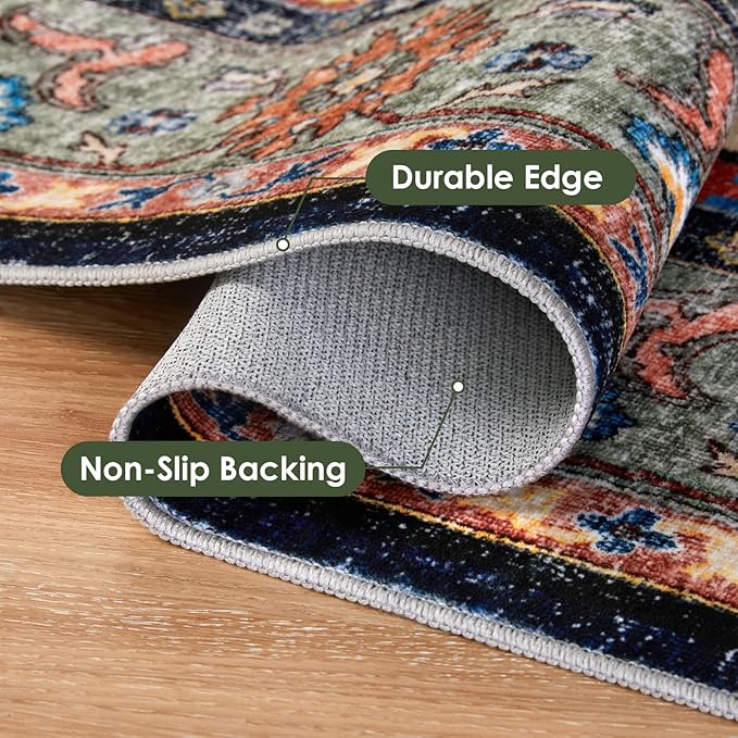 Washable Living Room Area Rugs - 9x12 Large Soft Machine Washable Non-Slip Low Pile Area Rugs, Vintage Oriental Neutral Carpet for Bedroom Dining Room Dorm Office Decor Red/Beige