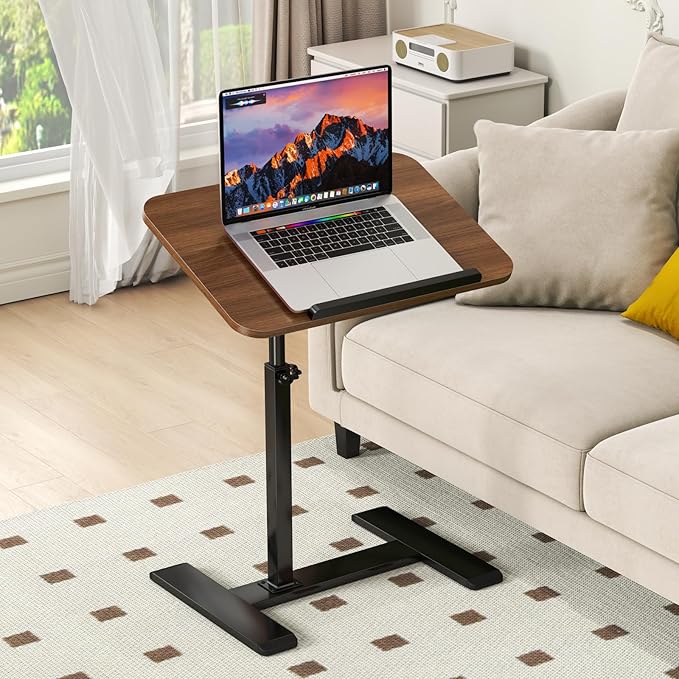 Adjustable Height C Shaped Side Table,360°Swivel Overbed Table,Top Tilting Laptop Stand Table with Hidden Wheels,Mobile Couch End Tables that Slide under,Rolling TV Coffee Table for Sofa/Bed(walnut)