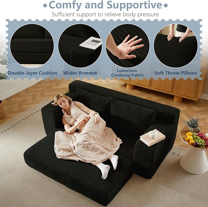 70.87" Loveseat Sofa Bed - Corduroy Upholstered, Comfy Deep Seat & Modern Design - Small Space Friendly, No Assembly Needed - Ideal for Living Room, Bedroom, Apartment, Home Office,Black