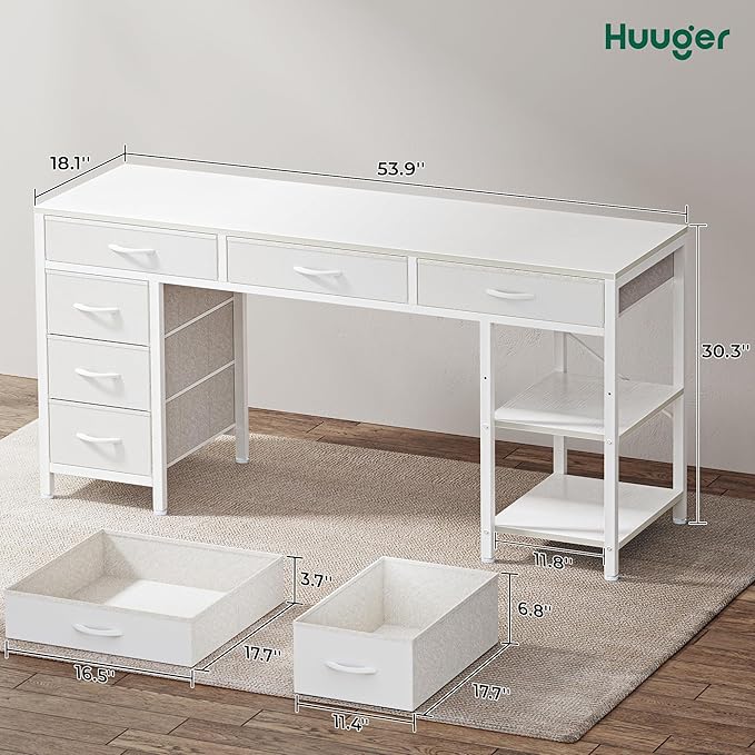 Huuger Computer Desk with 6 Drawers, 54 Inch Office Desk with Shelves, Reversible Gaming Desk, Corner Desk with Storage, Work Desk for Home Office, Study, Living Room, White