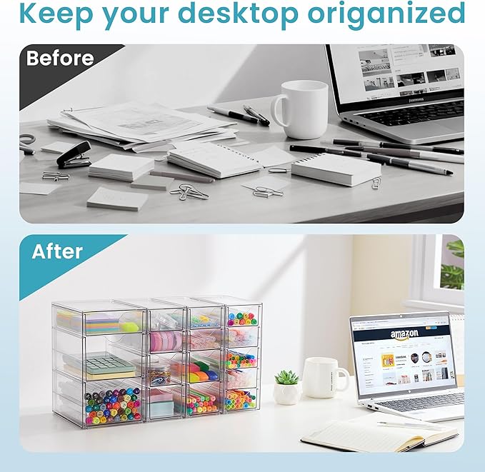 Vtopmart 4 Set Clear Desk Organizer, Pen Organizer with 16 Drawers, Acrylic Desktop Organization and Storage for Office Supplies, Pen, Makeup, Art Craft, Jewelry