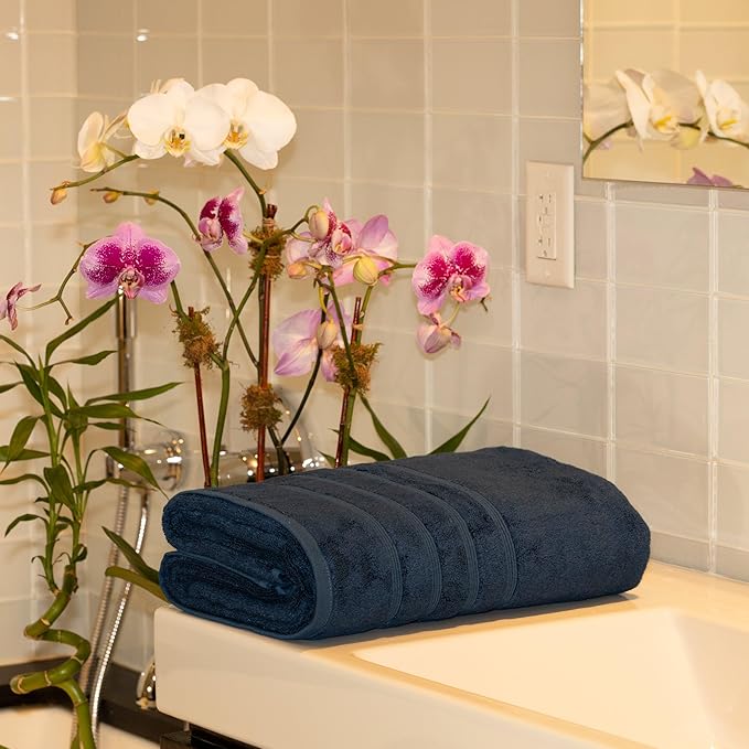 Mosobam Luxury Turkish Towels Bath Sheets 35X70 Navy Blue 700 GSM Bamboo Viscose & Aegean Turkish Combed Cotton