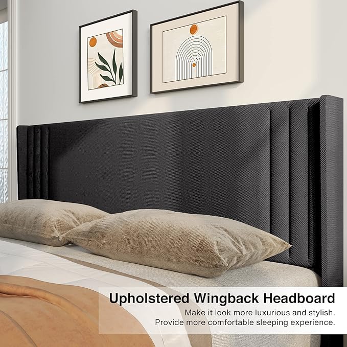 Gizoon Queen Bed Frame with Wingback Headboard, Upholstered Platform Bed with Modern Geometric Headboard, Wooden Slats, Noise-Free, No Box Spring Needed