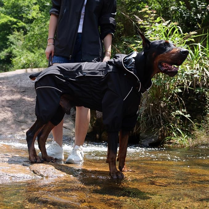 LOVELONGLONG Waterproof Dog Raincoat with Removable Hood – Outdoor Full Body Dog Jacket, Windproof Snowproof Shell Suit – All Season Pet Rain Gear Black XXS