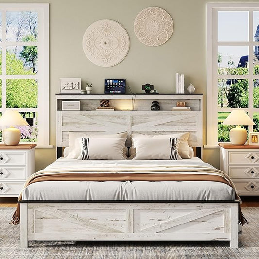 Farmhouse Queen Size Bed Frame with Headboard Storage Shelf, Wood Platform Bed Frame with LED Lights & Charging Station, Rustic White Metal Bed, No Box Spring Needed, Noise-Free Sturdy Structure