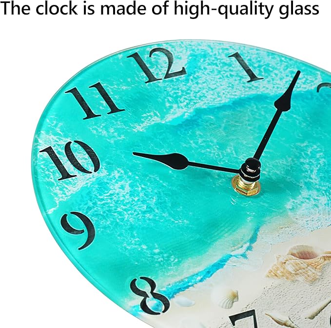 Coastal Nautical Glass Wall Clock with Seashell Design and Aesthetic Beach Theme - Battery Operated Silent Wall Decor for Home, Kitchen, Living Room, Office, Bedroom, or Bathroom (8 Inch,Teal)
