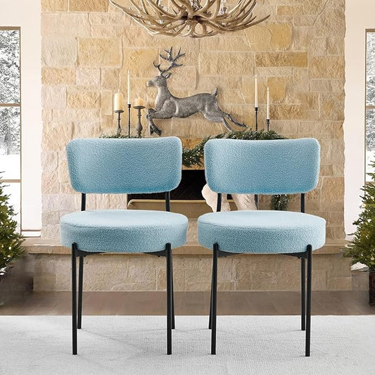 Blue Boucle Dining Chairs Set of 2, Upholstered Dinner Chair with Metal Frame, Dining Room Chairs with Padded Seat, Round Modern Seating for Living Room