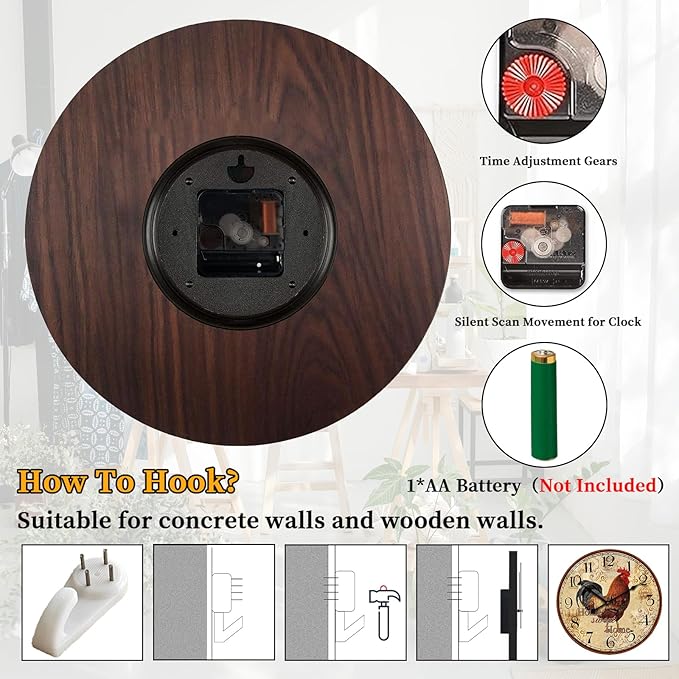 24 Inch Large Vintage Rooster Clock for Living Room,Silent Retro Farmhouse Wall Clock for Kitchen Bedroom,Rustic No-Ticking Wall Clock Battery Operated for Home Office School