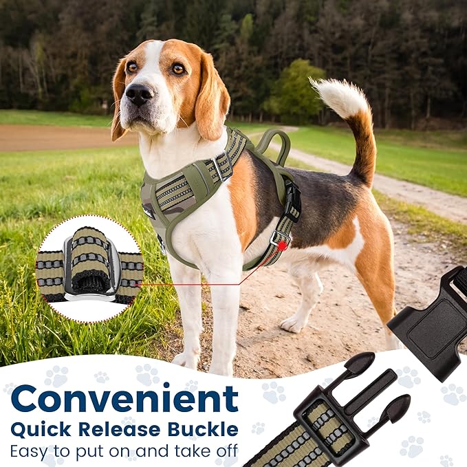 Funfox Dog Harness No Pull, Adjustable Pet Vest Harness, Super Soft Material with Vertical Handle Easy Control, Reflective Night Walking, 2 Leash Clips for Medium Sized Dogs, Camo Green, M