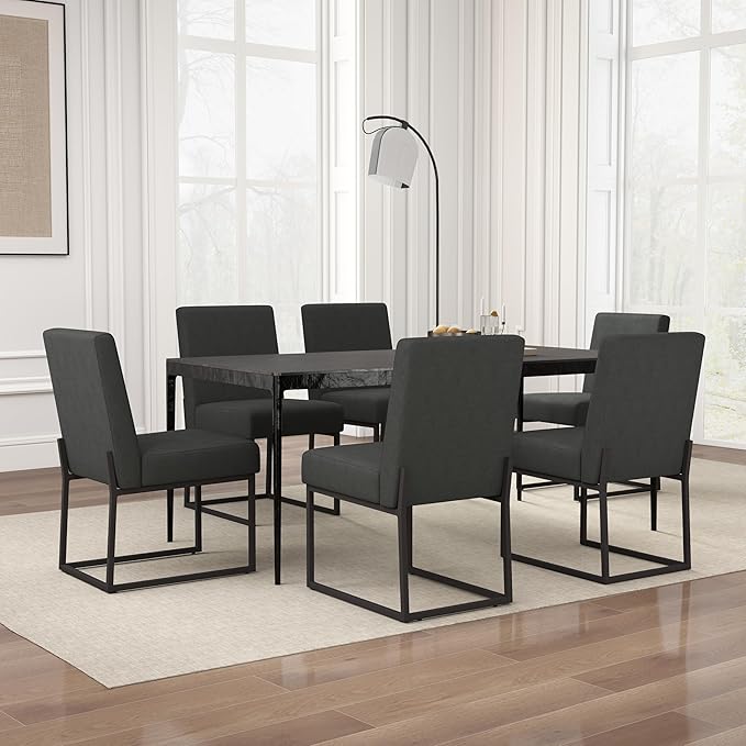 VKNOW Upholstered Dining Chairs Set of 6, Modern Dining Room Chairs, Linen Kitchen Chair Dinner Chair with Black Metal Base for Kitchen Office, Dark Grey-Unstriped