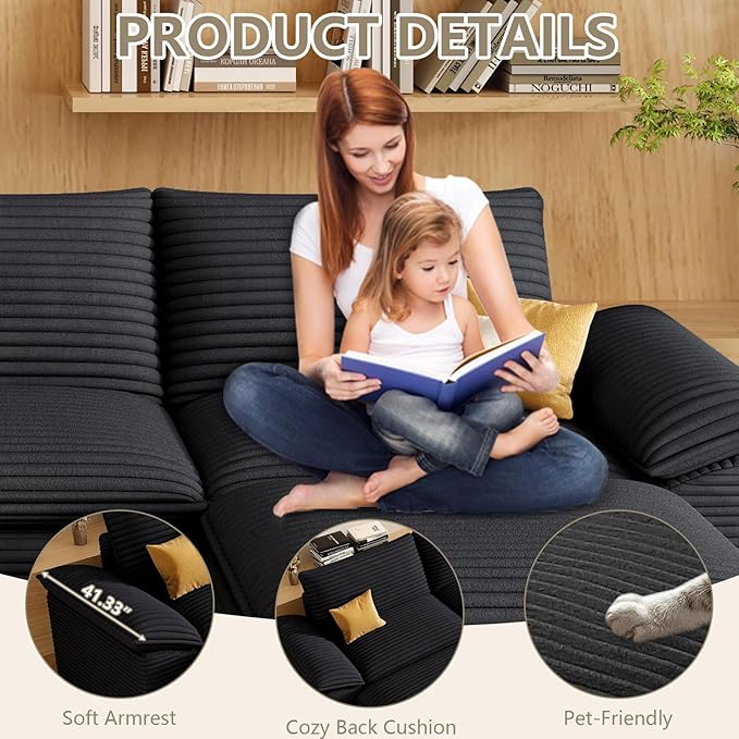 142" Cloud Sectional Couch with U-Shaped Chaise, Corduroy Sectional Sofa with Ottoman, Boneless Couch with Deep Seat in a Box for Living Room, No Assembly Required (Black)