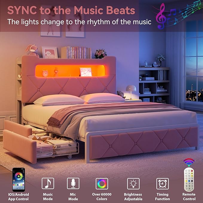 Queen Upholstered LED Bed Frame with 2 Storage Drawers and 2-Tier Storage Headboard,Velvet Princess Platform Bed with Charging Station & Bookcase,Heavy Duty Metal Support,No Box Spring Needed,Pink