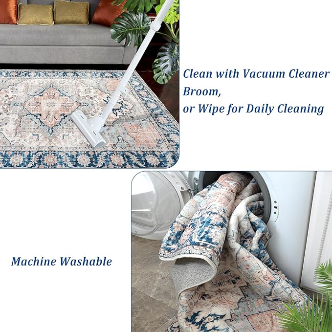 9x12 Area Rugs, Machine Washable Area Rugs for Living Room, Non Slip Backing Rugs for Bedroom, Vintage Printed Home Decor Large Area Rug (Grey Blue 9x12)