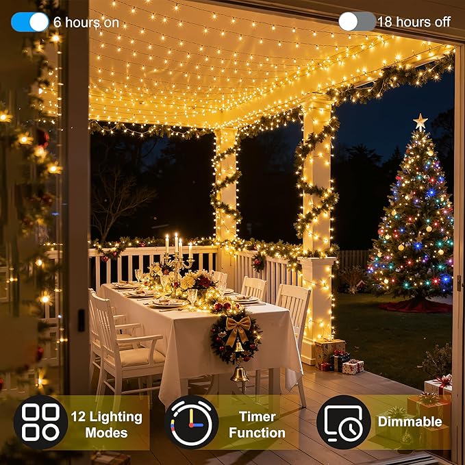 470FT 1500 LED Christmas Lights, 12 Modes Warm White Outdoor String Lights with Timer & Dimmable, Waterproof Green Wire Christmas Lights for Outside Wedding Tree Xmas Patio Fence Party Decorations