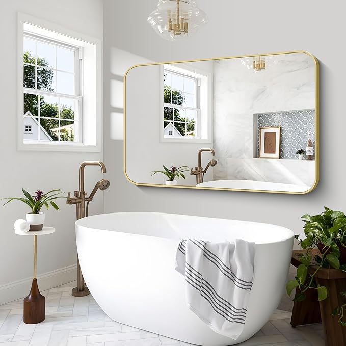 BONEWEI Gold Bathroom Mirror,60x40 inch Wall Mirror for Bathroom Wall Mounted,Round Rectangle Mirror for Bathroom Over Sink,Modern Frame for Home Decor Living Room,Bedroom Entryway,Horizontal/Vertical